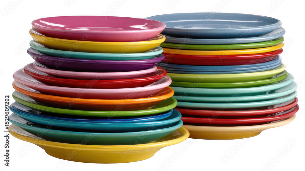 Poster two stacks of colorful dessert plates creating a vibrant and cheerful display on a transparent backg
