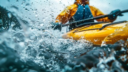 Fototapeta premium A close-up view of a kayaker paddling through splashing water, showcasing the thrill of adventure, nature exploration, and the beauty of water sports in an outdoor environment.