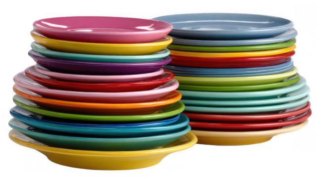 Two stacks of colorful dessert plates creating a vibrant and cheerful display on a transparent background, perfect for showcasing a variety of treats or adding a pop of color to any kitchen