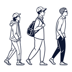 Three young men walking in profile, each wearing casual clothing and hats, showcasing diverse styles.