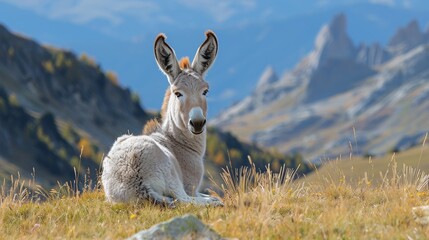 Obraz premium A serene young donkey resting in a picturesque landscape, illustrating the beauty of nature and the tranquility found in rural environments amongst rolling hills.