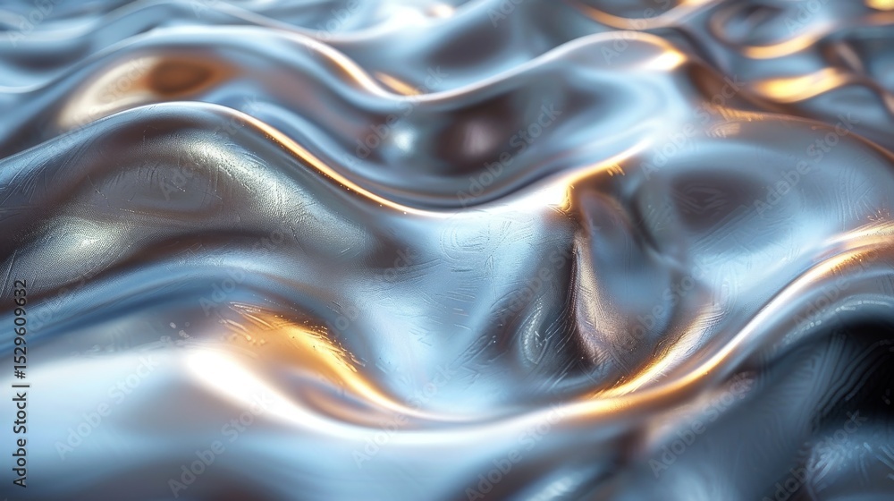 Poster an artistic representation of smooth, reflective metallic fabric creating abstract waves, highlighti