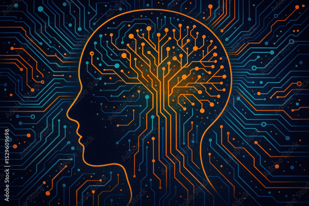 Poster ai brain interface is depicted as glowing circuit tree inside human head silhouette symbolizing adva