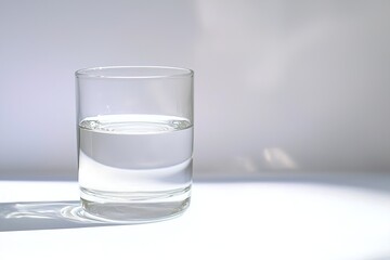 Sophisticated photograph of fresh drinking water in glass on white tabletop, with gentle shadows adding depth to minimalist scene