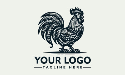Rooster standing upright with detailed feather texture and large tail in bold monochrome illustration style. Animal concept
