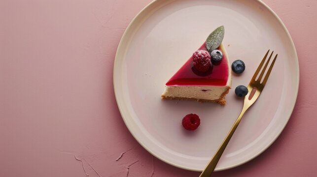 A slice of heaven berry topped cheesecake with a golden fork tempting dessert shot in a warm pink