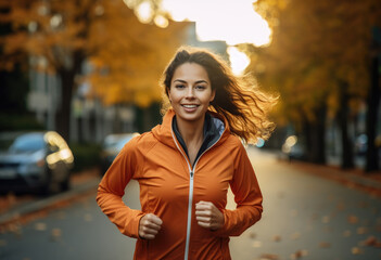 Obraz premium A joyful woman runs through an autumn landscape, capturing the essence of health, vitality, and the invigorating spirit of outdoor exercise during a beautiful season.