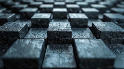 An abstract close-up shot reveals a pattern of textured black squares, exuding a sophisticated and modern art aesthetic with shiny surfaces that catch the light.