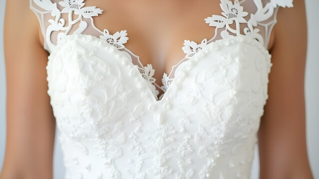 Close-up of an elegant white wedding dress bodice with intricate lace details.