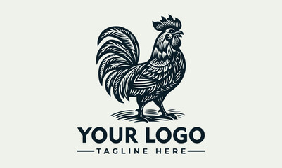 Rooster standing upright with detailed feather texture and large tail in bold monochrome illustration style. Animal concept
