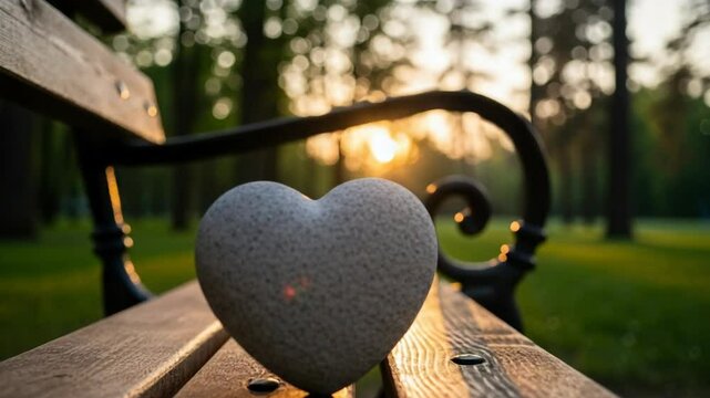 Heart-shaped stone resting on a park bench during sunset  