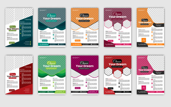 A4 Travel Flyer template design set with colorful business proposal, promotion, advertise, publication, cover.