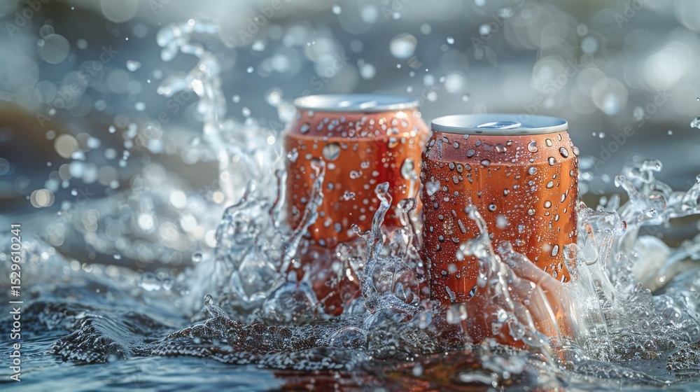 Aufkleber two fresh cans emerge from splashes of water, creating a dynamic scene that captures the essence of 