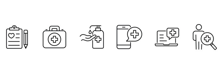 Medical communication report sanitizer diagnosis consultation first aid analysis telehealth search record icon vector illustration outline set.