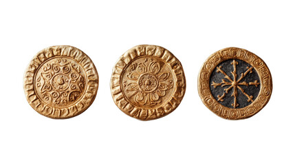Three intricately designed decorative coins showcasing unique patterns and textures