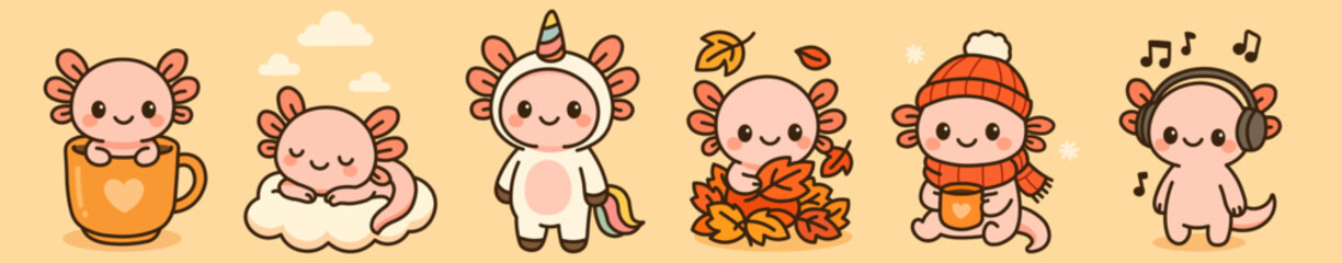 Cute kawaii axolotl characters in seasonal outfits: in cup, on cloud, unicorn costume, with leaves, winter clothes, and headphones. Perfect for kids and seasonal projects