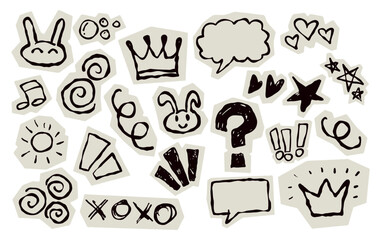 Scrapbook doodle set. Collection of sketch handdrawn scribble heart, star, mark, sign for journal. Chalk or ink craft paper cutout for scrapbook dairy