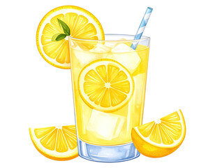 Watercolor illustration of a refreshing lemonade drink. Hand-painted glass of lemonade with lemon slices.
