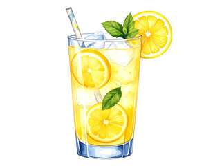 Watercolor illustration of a refreshing lemonade drink. Hand-painted glass of lemonade with lemon slices.