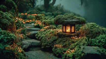 Fototapeta premium A rustic wooden lantern surrounded by moss and flowers glowing warmly in a dreamy forest setting