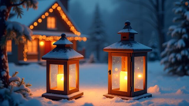Two lanterns glow warmly in a snowy winter scene, with house and tree decorations