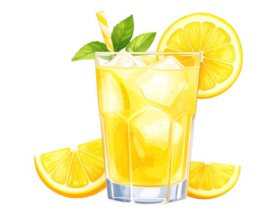 Watercolor illustration of a refreshing lemonade drink. Hand-painted glass of lemonade with lemon slices.