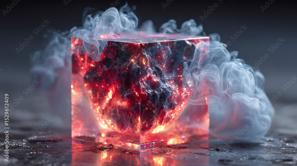 Poster a glowing red crystalline orb emits smoke from within a clear resin cube, creating a mystical and fu