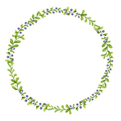 Wreath of leaves and blue berries. Nordic folklore, Scandinavian style. Folk art design elements. Watercolor background, backdrop for poster, logo, postcard, invitation, label, etc.