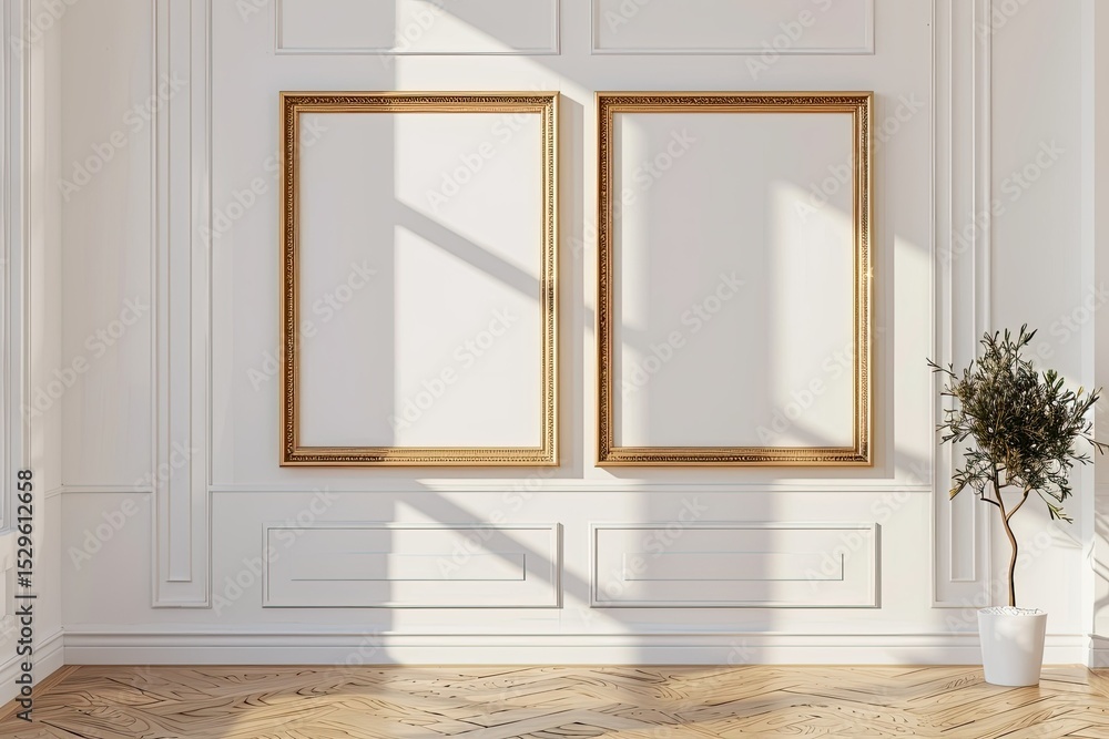 Poster sharp image of empty white wall with two golden frames