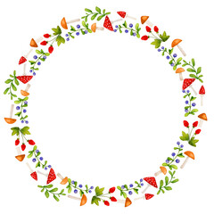 Round frame of wild berries and mushrooms. Northern folklore, Scandinavian style. Elements of folk art design. Watercolor background, backdrop for poster, logo, postcard, invitation, label, etc.