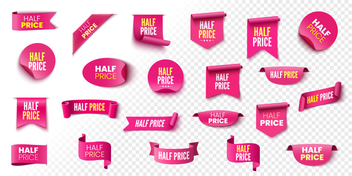 Half price sale banners. Pink ribbons, tags and stickers. Vector illustration.