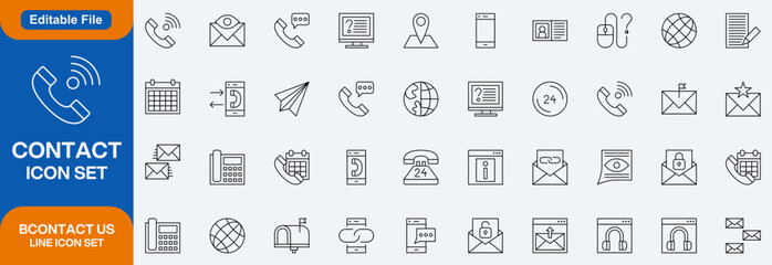 Contact icon set. Containing e-mail, phone, address, customer service, call, website and more. line icons Editable File collection.