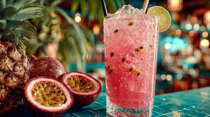 A vibrant pink cocktail with passion fruit seeds and ice sits beside fresh fruit in a colorful tropical bar setting