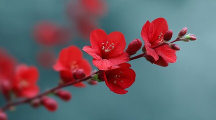 Obraz premium A close-up shot of vibrant red flowers against a soft blue background. This image captures the delicate beauty and intricate details of nature. Perfect for floral designs or background use. AI