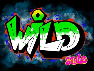 wild style illustration, the word wild style with a cool simple graffiti pattern, and with bright colors
