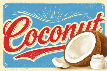 Illustration vintage de noix de coco coup&eacute;e en deux et pot d'huile de coco - Coconut