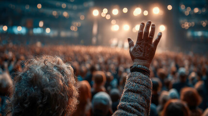 Back view of a crowd at a concert or seminar, with a raised hand in focus and a glowing stage in the background