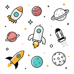 space travel set of vector doodle icon on transparent background	
