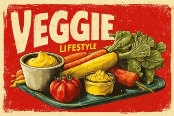 Illustration vintage d'un plateau de crudit&eacute;s avec des sauces, carottes, tomates - Veggie Lifestyle