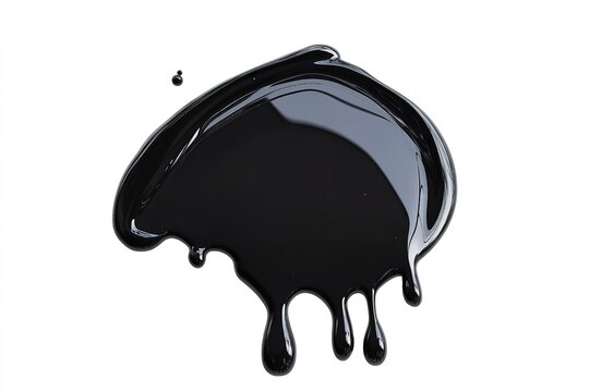 Close up solitary black paint glob with a tiny drip on a white background with plenty of room for writing is depicted in 3D, Generative AI.