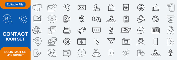 Contact us web icons set. Contact us - simple thin line icons collection. Containing mail, web site, chat, phone, email address, customer service, call symbol and more. Simple web icons set