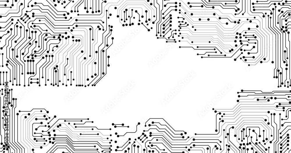 Poster electronics board. circuit board electronic hi tech pattern. vector abstract computer chip. black mo
