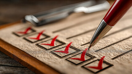 Close-up of a checklist with red check marks being filled in using a red pen on a textured clipboard