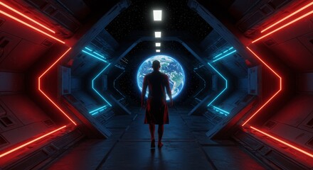 3D Rendering Man Silhouette Planet Earth in Futuristic Spaceship