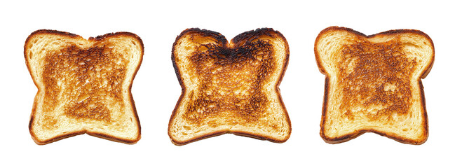 Burnt toast. Set of pieces of bread with black crust. Realistic photo for packaging design or food catalog. Isolated clipart with clear even edge on transparent background