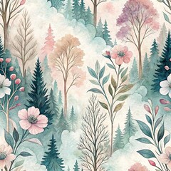 EN: Watercolor forest pattern with pink flowers, evergreen trees, delicate branches in soft pastel colors creating dreamy botanical illustration