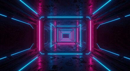 3D Rendering of a Neon Tunnel with Futuristic Glowing Lights