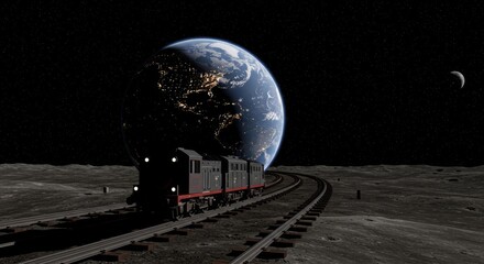 3D Rendering of a Train on the Moon with Earth in Background