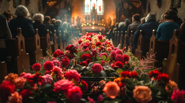 Vibrant flowers decorate a casket in a solemn church setting, symbolizing remembrance, love, and the emotional connection between life and loss during a memorial service.