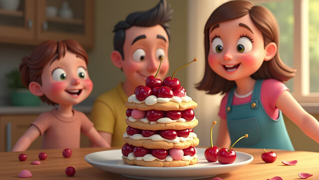 Family enjoys delicious cherry dessert stacked beautifully on a wooden table